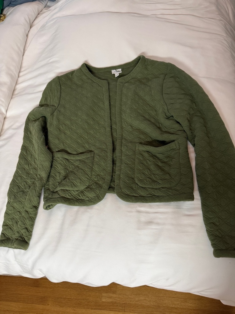 J. Crew Olive Quilted Collarless Bomber Jacket